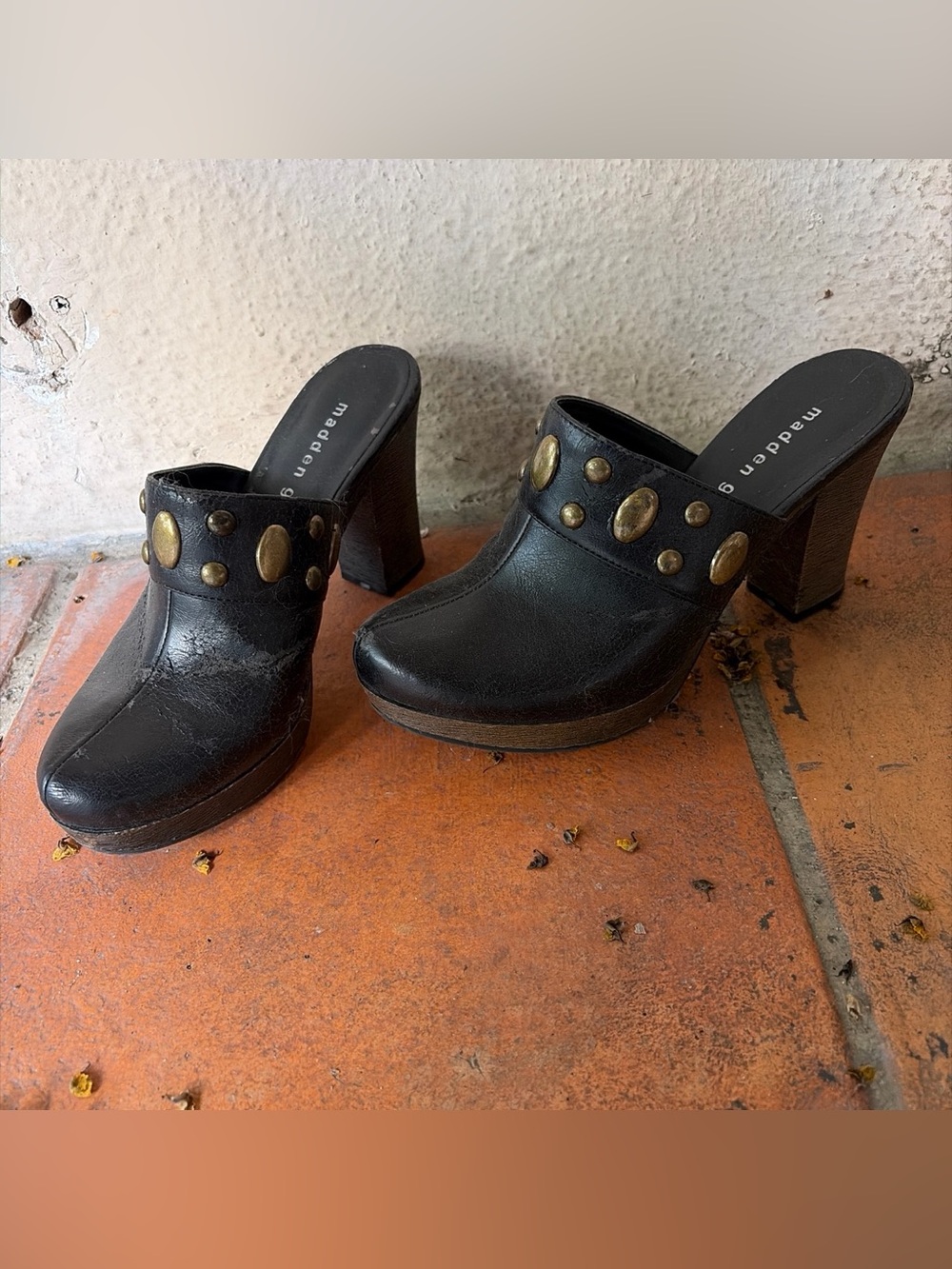 Madden Girl Black Leather Studded Clog Heels